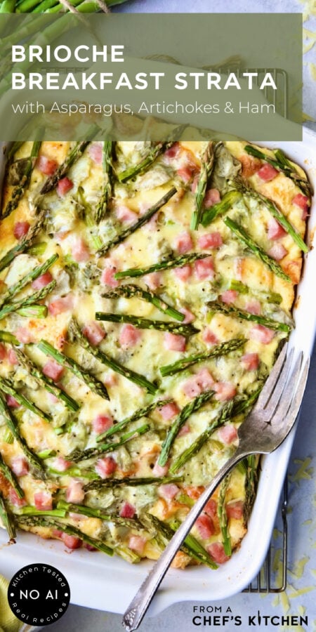 Pinterest graphic for Brioche Breakfast Strata showing it in a white rectangular baking dish.