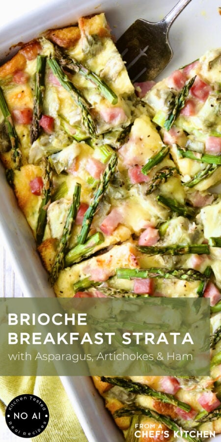 Pinterest graphic for Brioche Breakfast Strata showing it in a white rectangular baking dish cut into pieces.