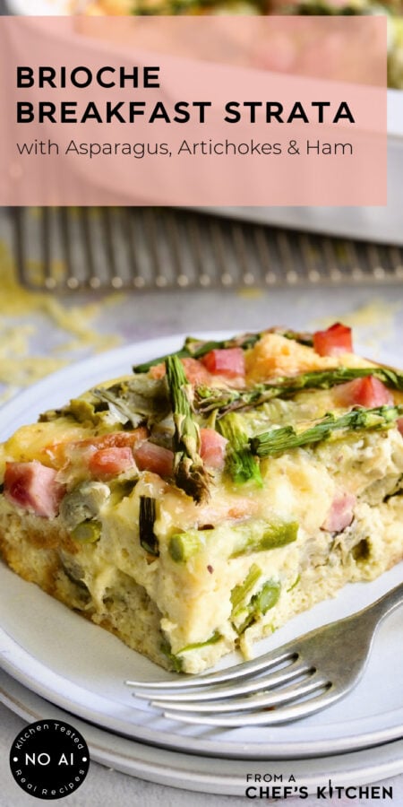 Pinterest graphic for Brioche Breakfast Strata showing one piece on a white plate.