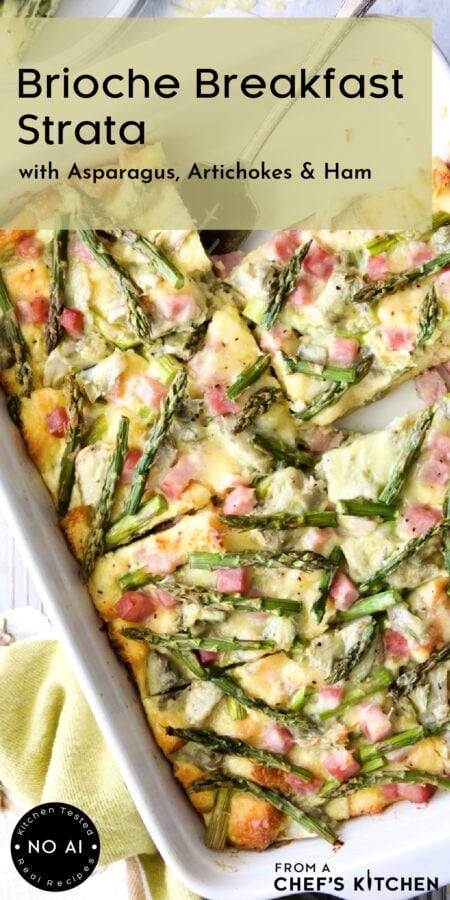 Pinterest graphic for Brioche Breakfast Strata showing it in a white rectangular baking dish cut into pieces.