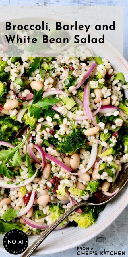Pinterest graphic for Broccoli Barley and White Bean Salad showing it in a white bowl.