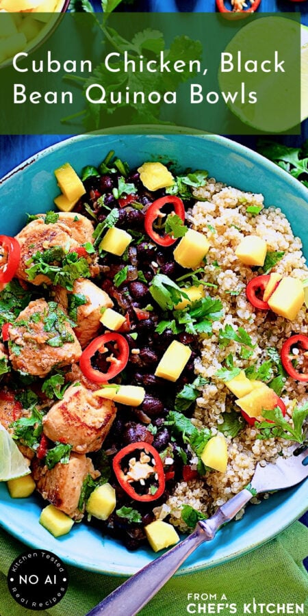 Pinterest graphic for Cuban Chicken, Black Bean Quinoa Bowls showing one serving in a bright blue bowl.