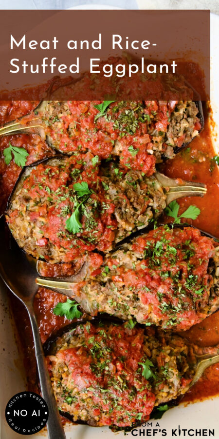 Pinterest graphic for Meat and Rice-Stuffed Eggplant showing four in a white baking dish.