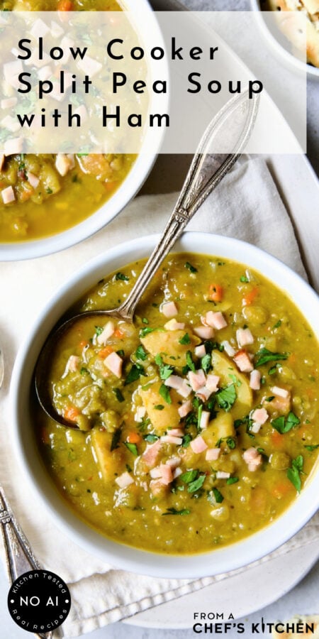 Pinterest graphic for Slow Cooker Split Pea Soup with Ham and Chipotle showing two servings in white bowls on oval white platter.