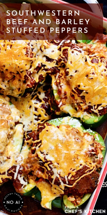 Pinterest graphic for Southwestern Beef and Barley Stuffed Peppers.