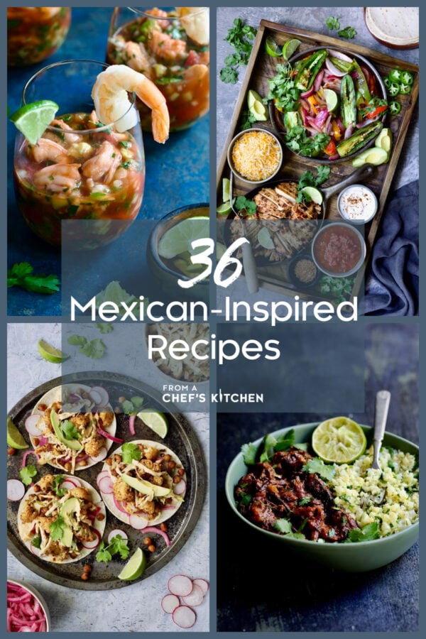 Collage of four Mexican-inspired recipes: Cauliflower Tacos, Shrimp Cocktail, Beef Barbacoa and Chicken Fajitas.