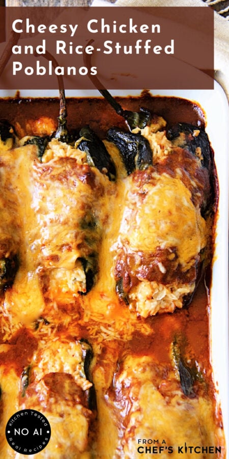 Pinterest graphic for Cheesy Chicken and Rice-Stuffed Poblanos showing them in a white baking dish.