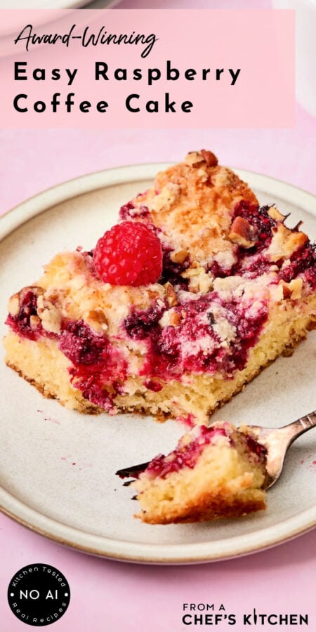 Pinterest graphic for Easy Raspberry Coffee Cake showing one piece on a round white plate.