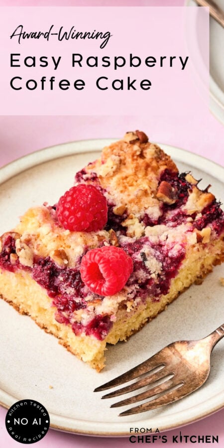 Pinterest graphic for Easy Raspberry Coffee Cake showing one piece on a round white plate.