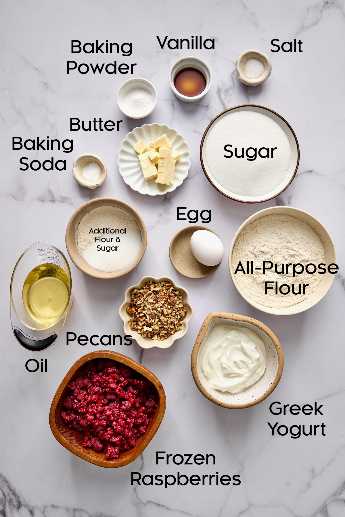 Ingredients for Easy Raspberry Coffee Cake in small bowls.