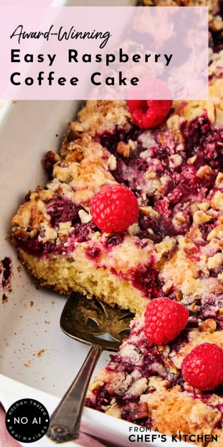 Pinterest graphic for Easy Raspberry Coffee Cake showing it in a white rectangular baking dish with one piece removed.