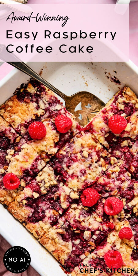 Pinterest graphic for Easy Raspberry Coffee Cake showing it in a white rectangular baking dish with one piece removed.
