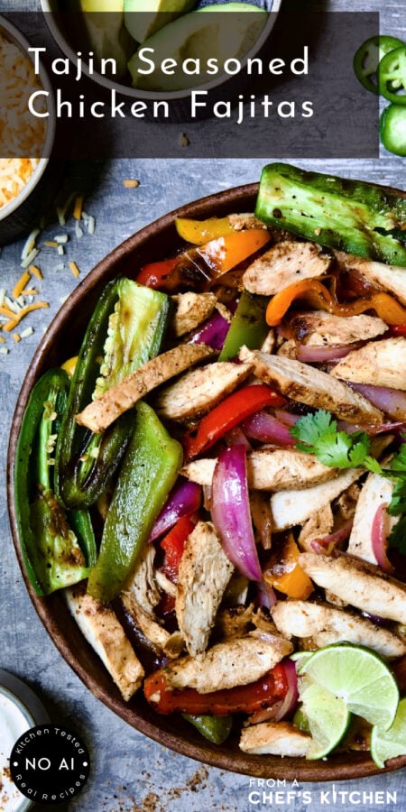 Pinterest graphic for Tajin Seasoned Chicken Fajitas showing them in an earthenware bowl.