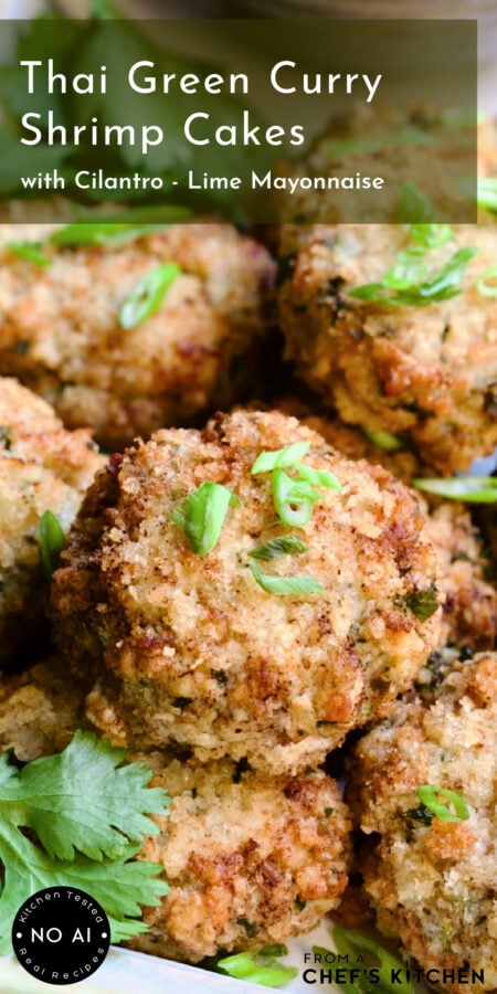 Thai Green Curry Shrimp Cakes on rectangular platter garnished with jalapeno slices and cilantro leaves.