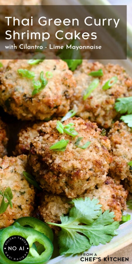 Thai Green Curry Shrimp Cakes on rectangular platter garnished with jalapeno slices and cilantro leaves.