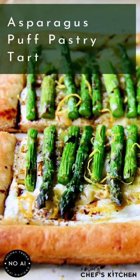 Pinterest graphic for Asparagus Puff Pastry Tart showing a piece close-up garnished with lemon zest.