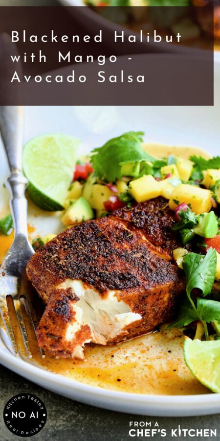 Pinterest graphic for Blackened Halibut with Mango Avocado Salsa showing one piece on a white plate with a bite-sized piece broken off.