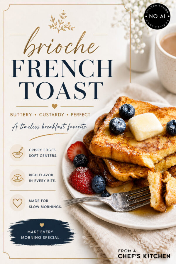 Pinterest graphic for Brioche French Toast showing a stack of three on a plate with a fork.