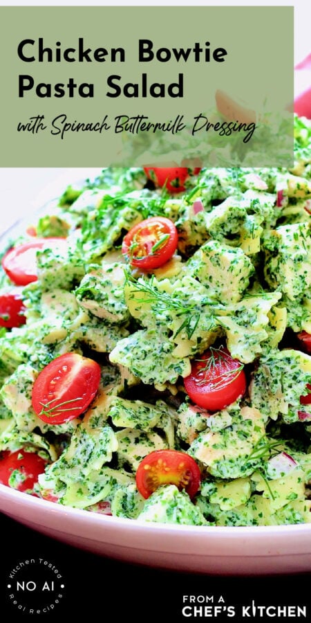 Pinterest graphic for Chicken Bowtie Pasta Salad showing it in a white bowl.