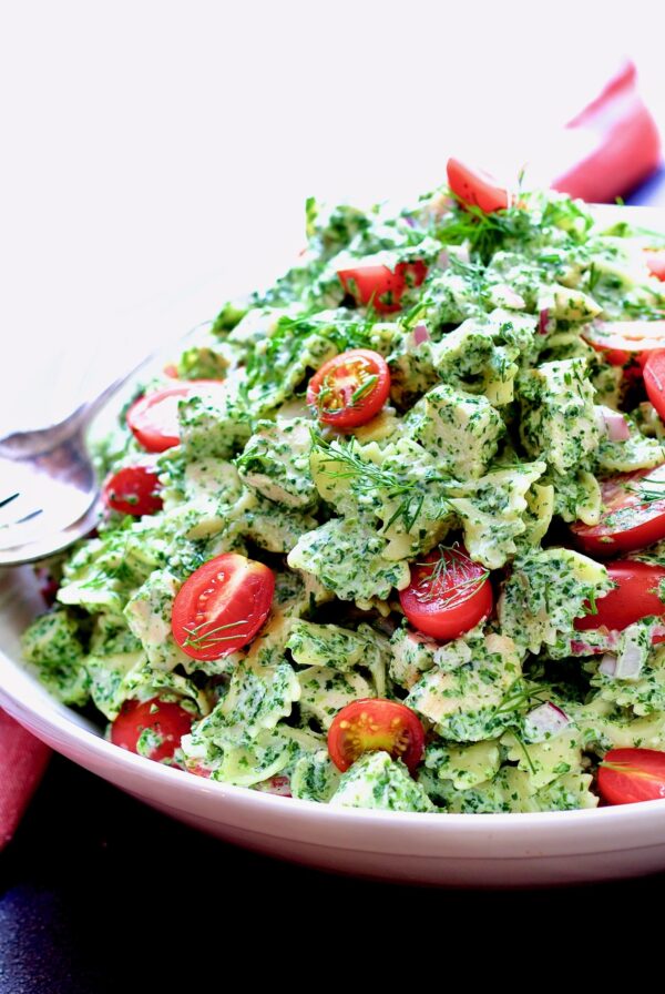 Chicken Bowtie Pasta Salad in white bowl.