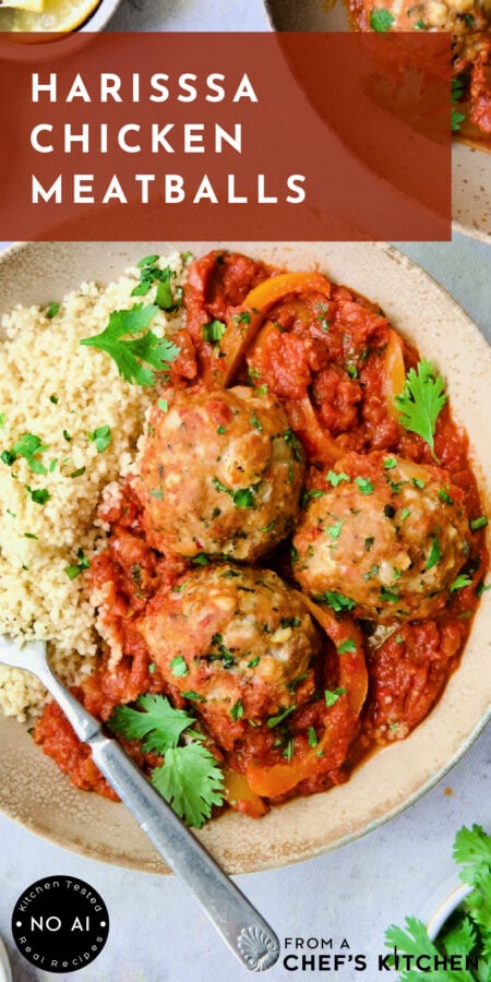 Pinterest graphic for Harissa Chicken Meatballs showing three in an earthenware bowl.