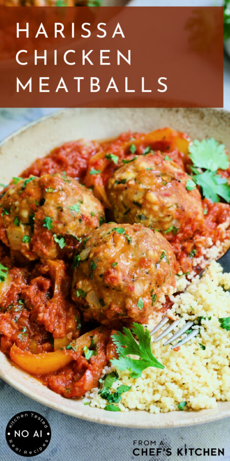 Pinterest graphic for Harissa Chicken Meatballs showing three in an earthenware bowl.