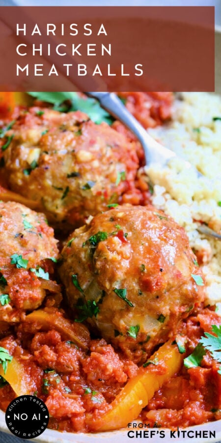 Pinterest graphic for Harissa Chicken Meatballs showing three in an earthenware bowl.