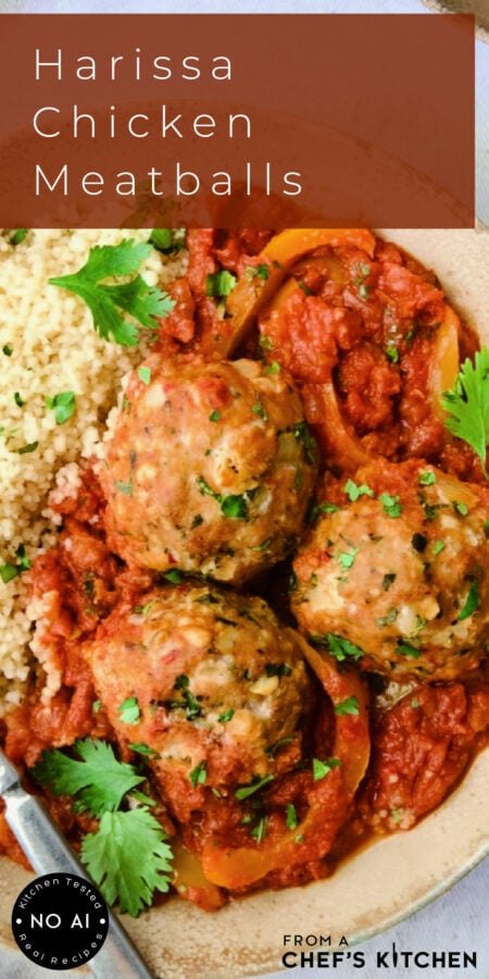 Pinterest graphic for Harissa Chicken Meatballs showing three in an earthenware bowl.