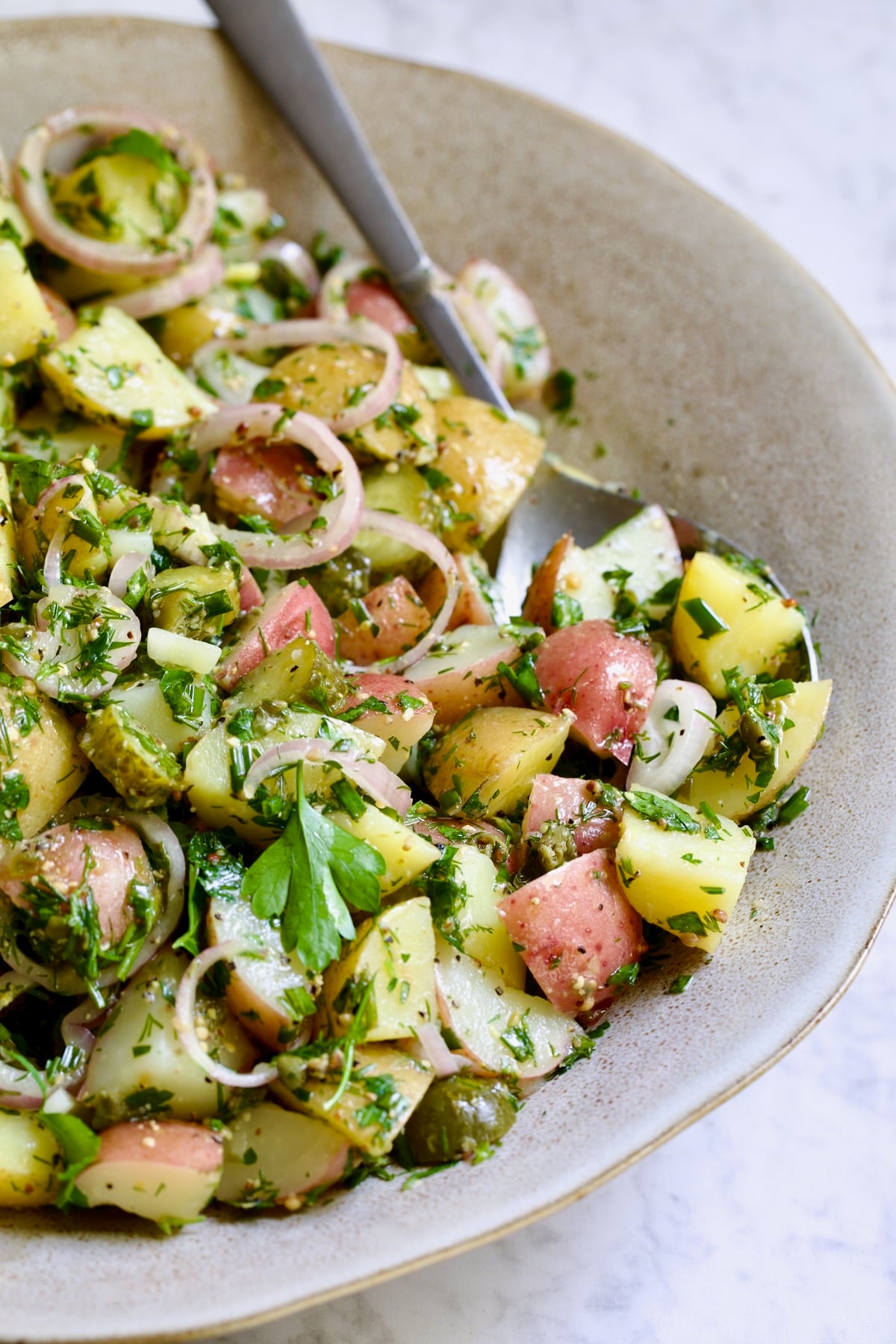 Herb and Vinegar Potato Salad in earthenware bowl with serving fork.