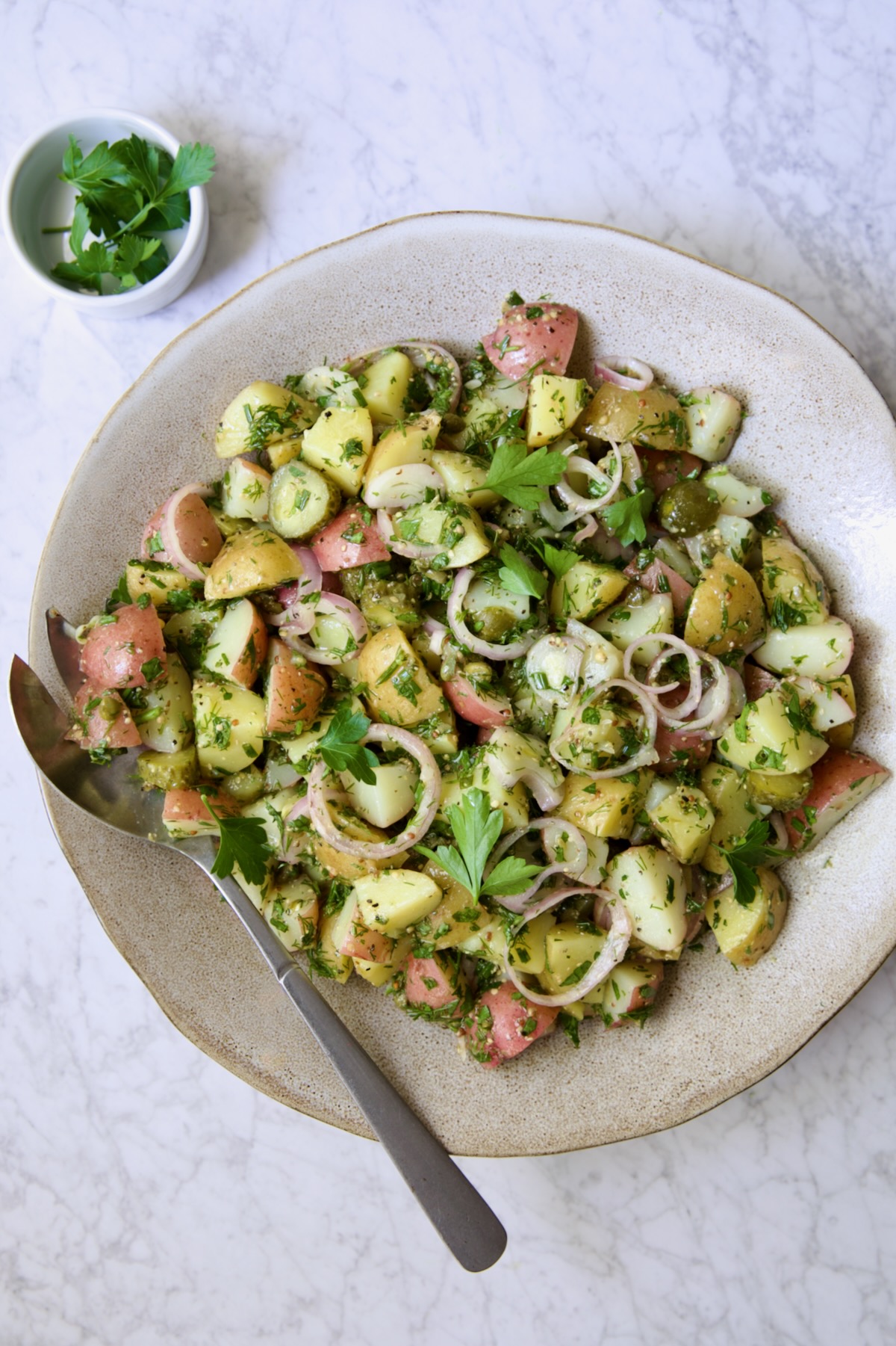 Herb and Vinegar Potato Salad in earthenware bowl with serving fork.