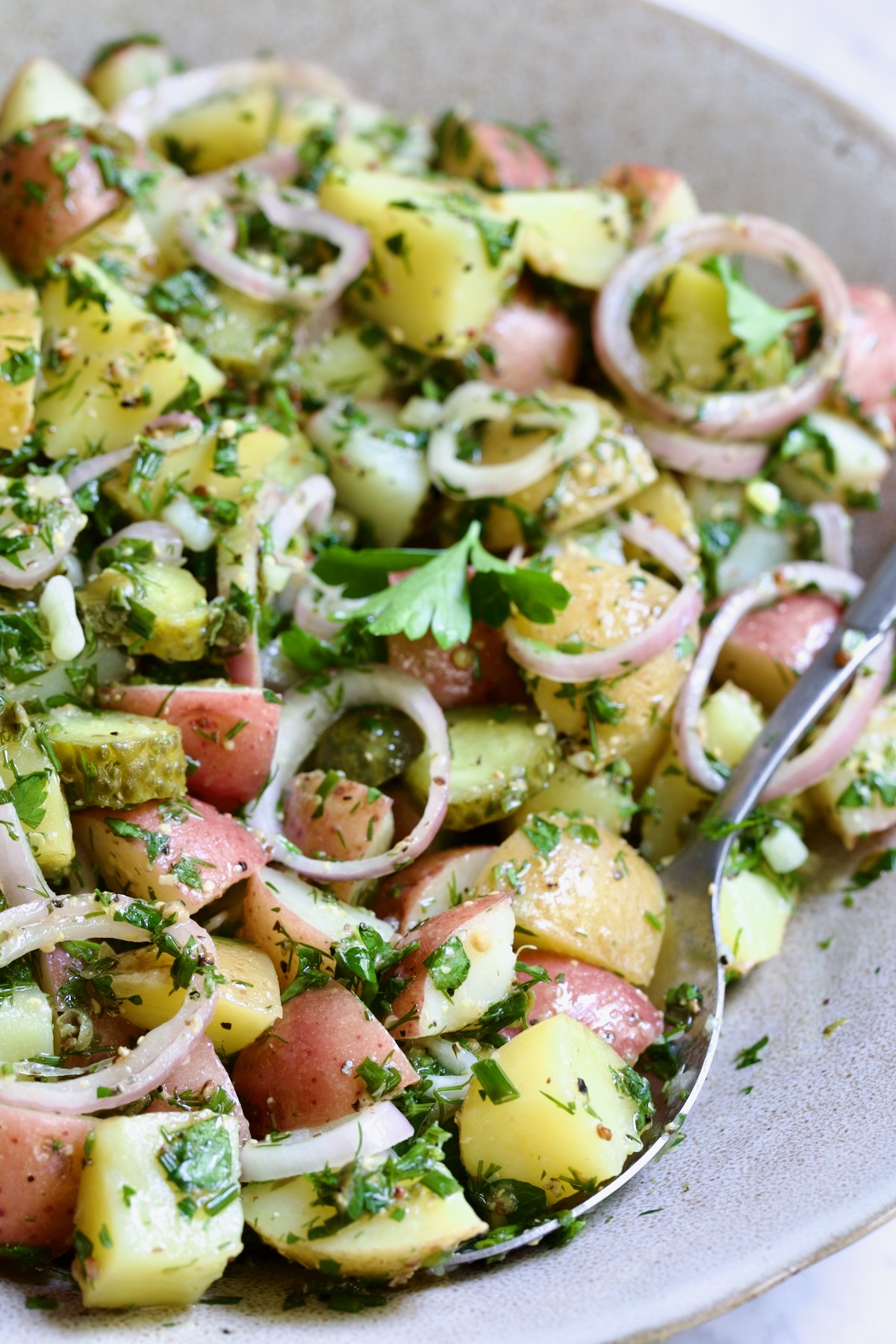 Herb and Vinegar Potato Salad in earthenware bowl with serving fork.