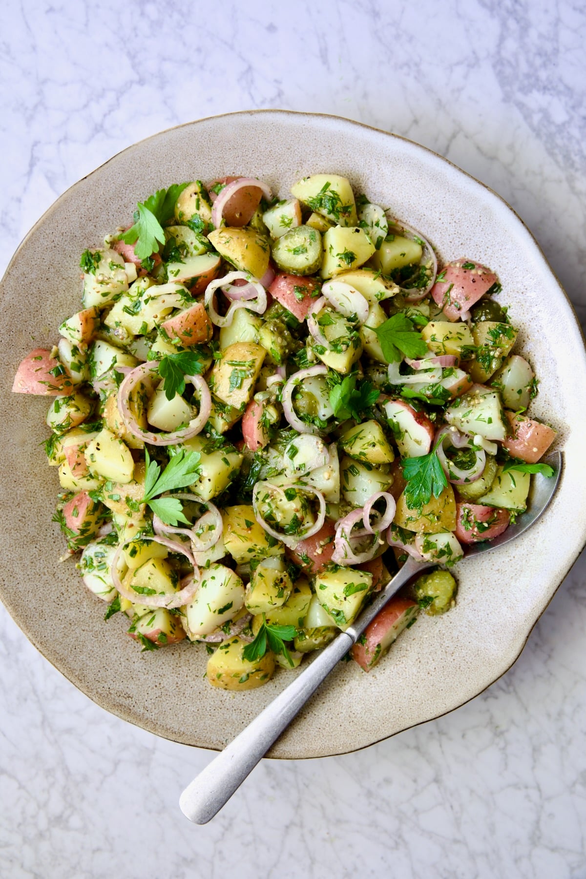Herb and Vinegar Potato Salad in earthenware bowl with serving fork.