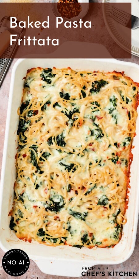 Pinterest graphic for Pasta Frittata showing it uncut in a white rectangular baking dish.