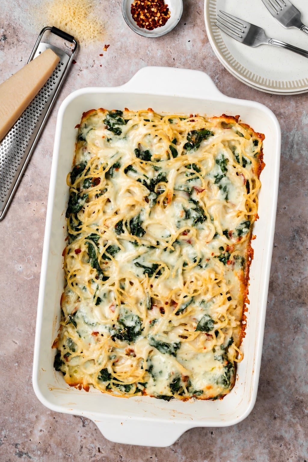 Baked Pasta Frittata in white rectangular baking dish.