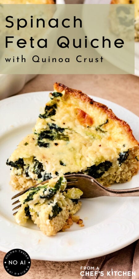 Pinterest graphic for Spinach Feta Quiche with Quinoa Crust showing one piece on a white plate.