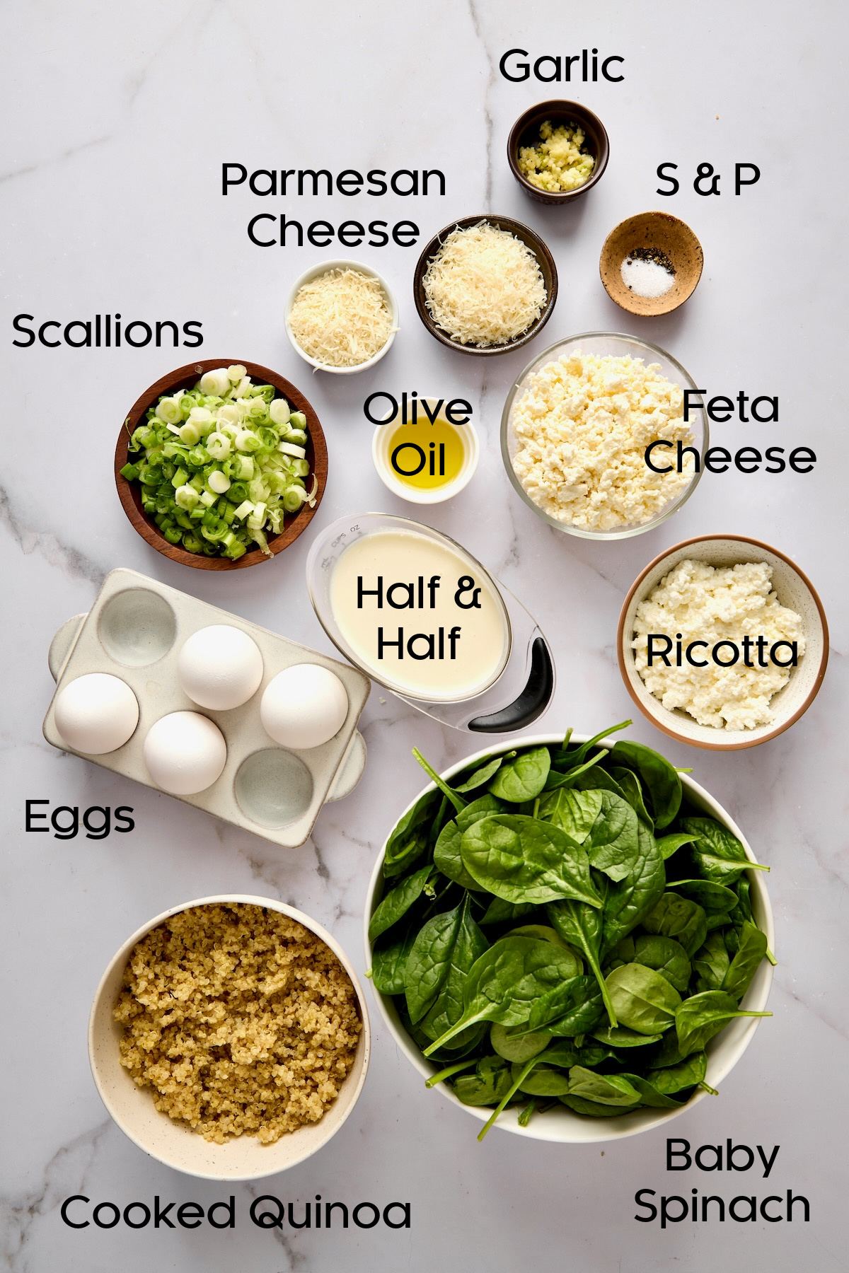 Ingredients for Spinach Feta Quiche with Quinoa Crust in bowls.