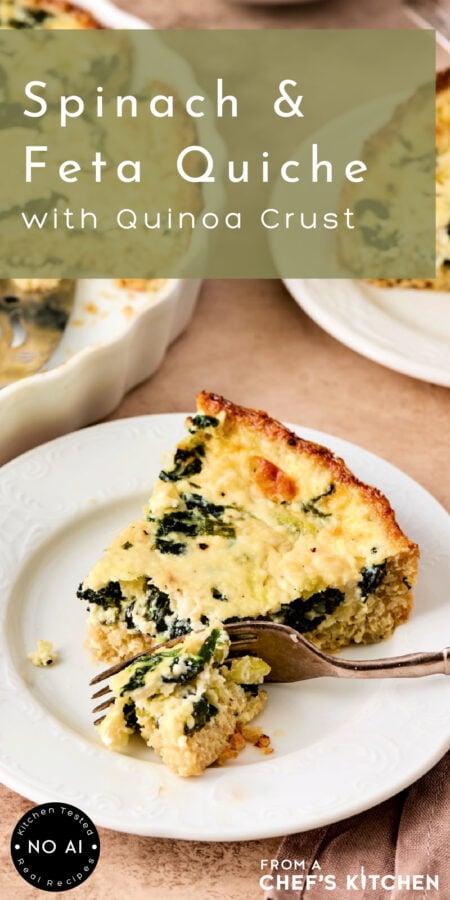 Pinterest graphic for Spinach Feta Quiche with Quinoa Crust showing one piece on a white plate.