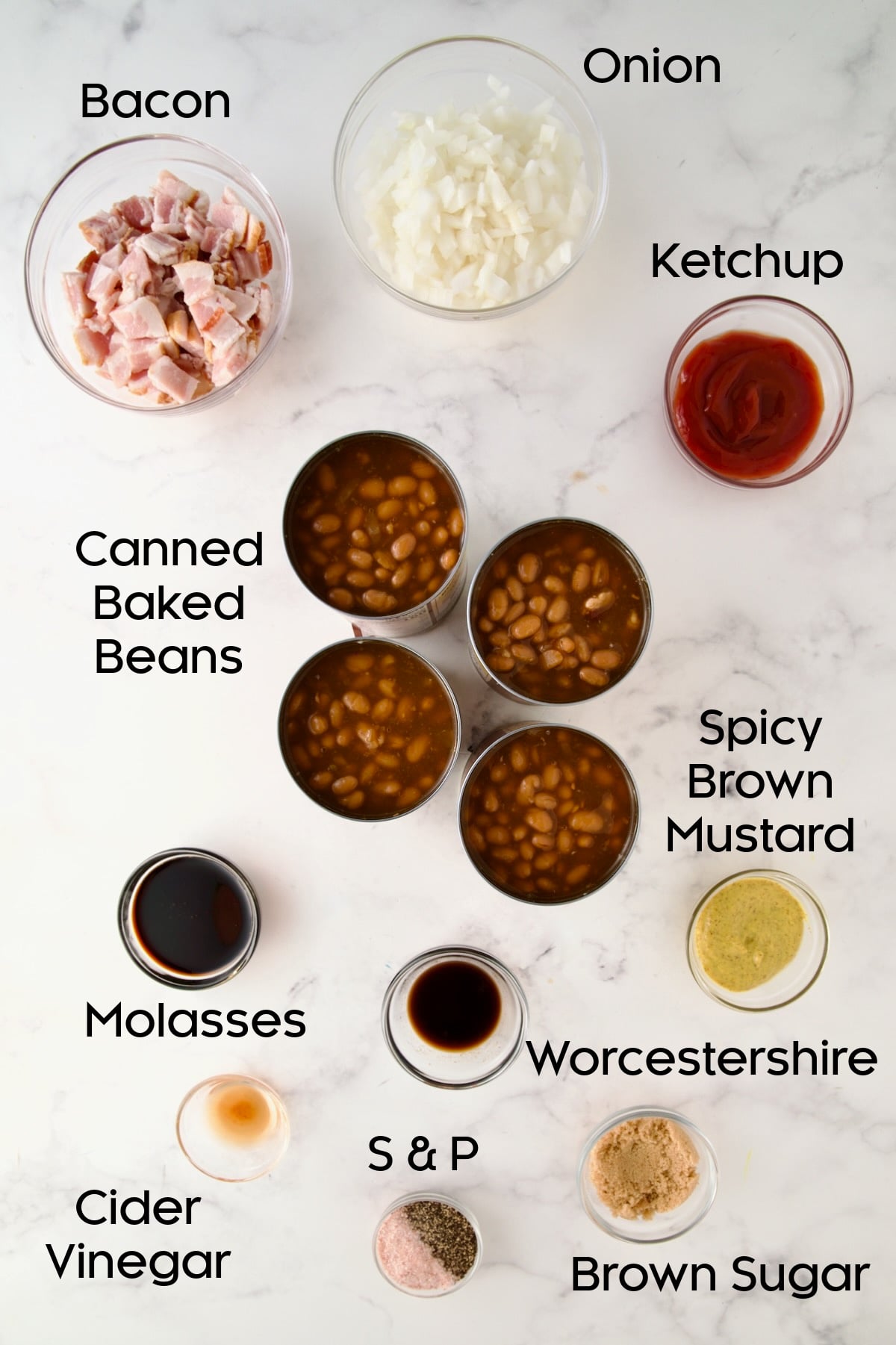 Ingredients for Best Canned Baked Beans Recipe in glass bowls.