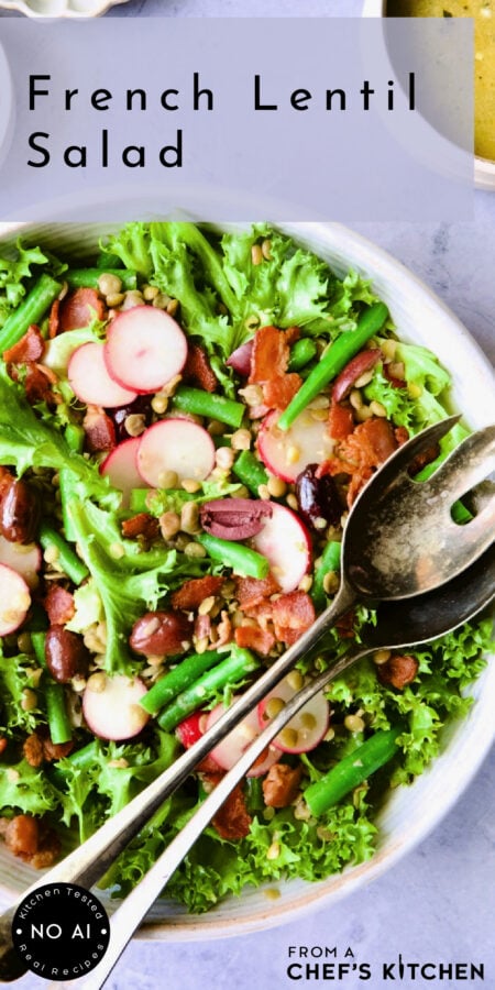 Pinterest graphic for French Lentil Salad showing it in a round white serving bowl with serving utenils.