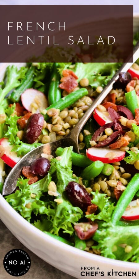 Pinterest graphic for French Lentil Salad showing it in a round white serving bowl with serving utenils.