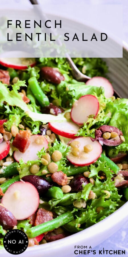Pinterest graphic for French Lentil Salad showing it in a round white serving bowl with serving utenils.