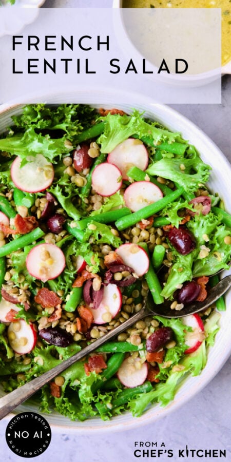 Pinterest graphic for French Lentil Salad showing it in a round white serving bowl with serving utenils.