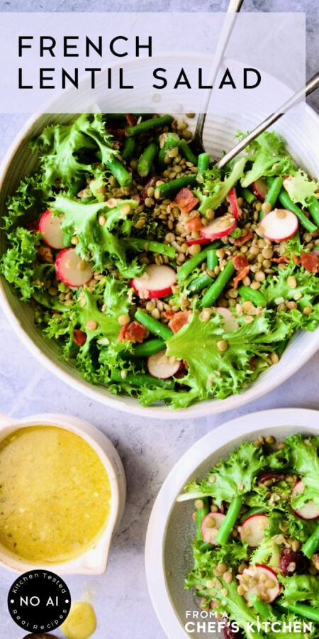 Pinterest graphic for French Lentil Salad showing it in a round white serving bowl with serving utenils.