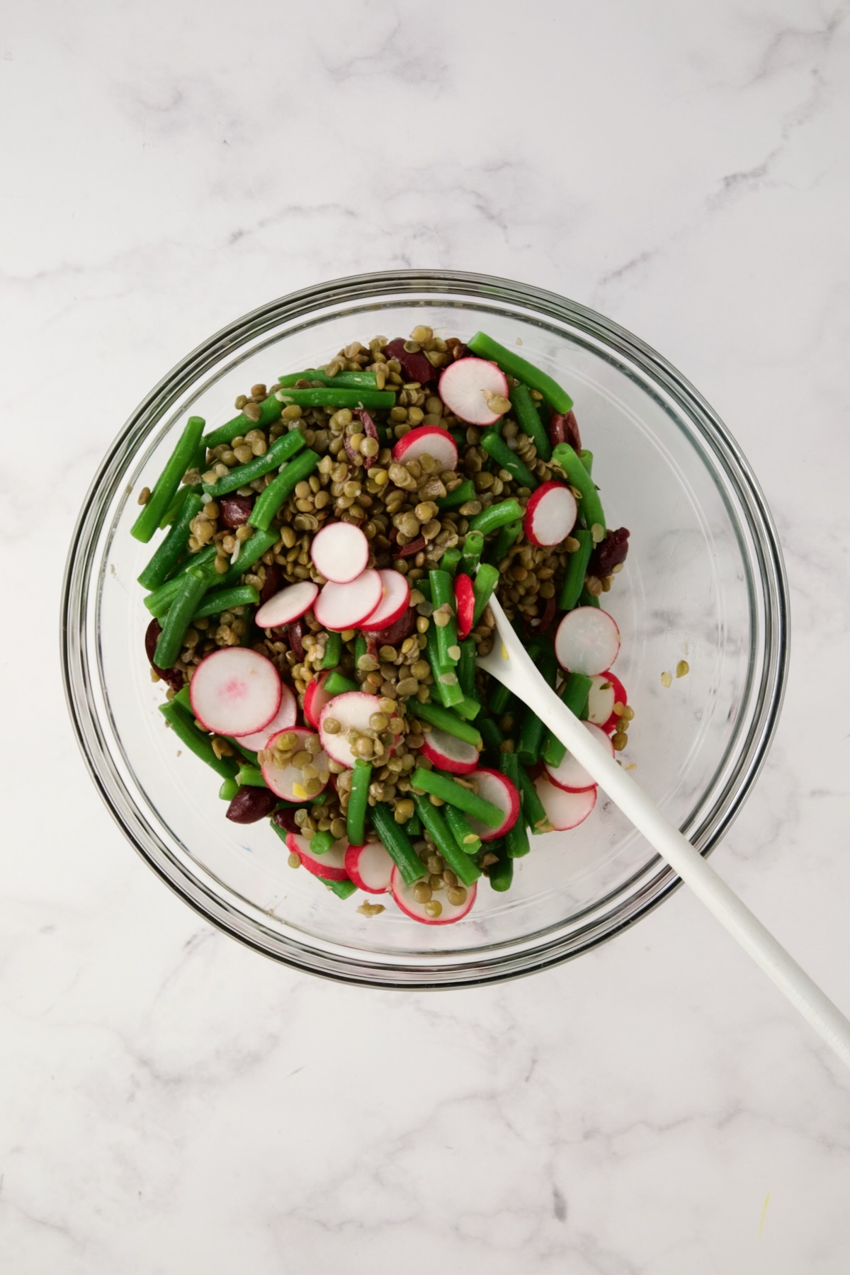 Cooked lentils, blanched green beans, sliced radishes and halved Kalamata olives in glass bowl after being mixed together.
