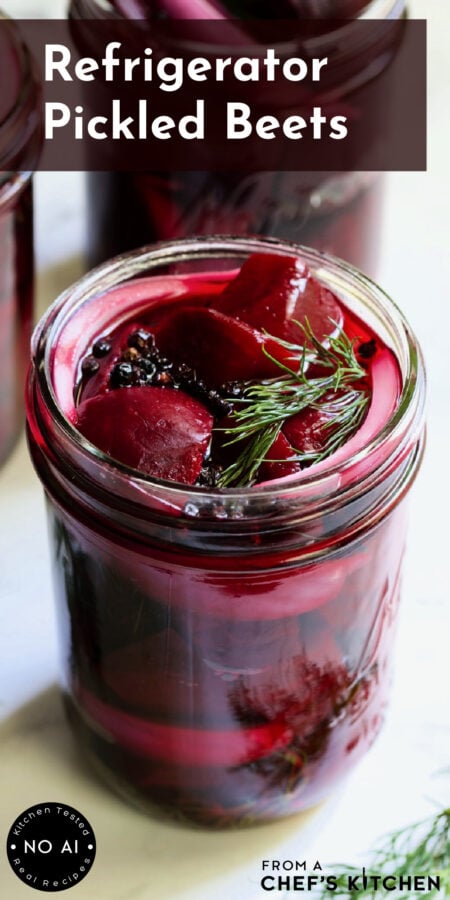 Pinterest graphic for Refrigerator Pickled Beets showing them in a pint-sized jar with fresh dill.
