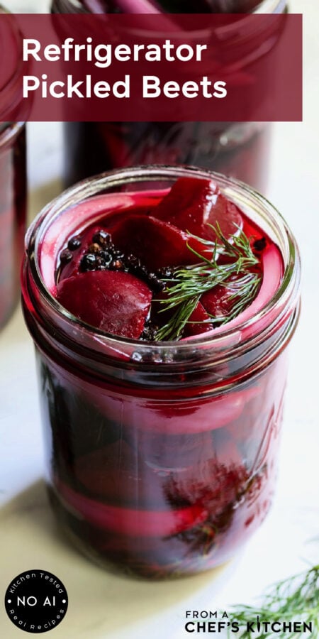 Pinterest graphic for Refrigerator Pickled Beets showing them in a pint-sized jar with fresh dill.