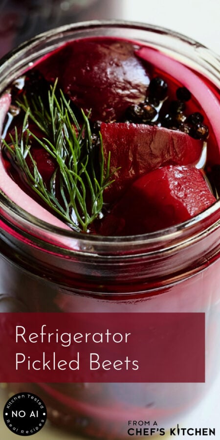 Pinterest graphic for Refrigerator Pickled Beets showing them in a pint-sized jar with fresh dill.