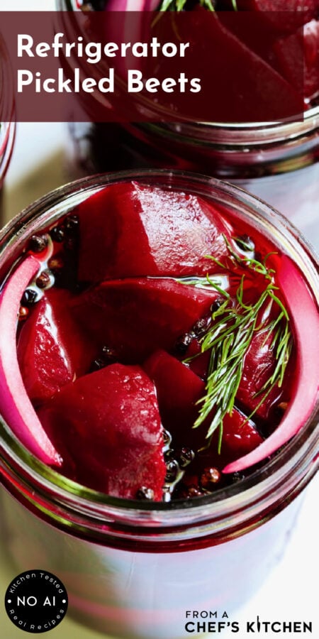 Pinterest graphic for Refrigerator Pickled Beets showing them in a pint-sized jar with fresh dill.