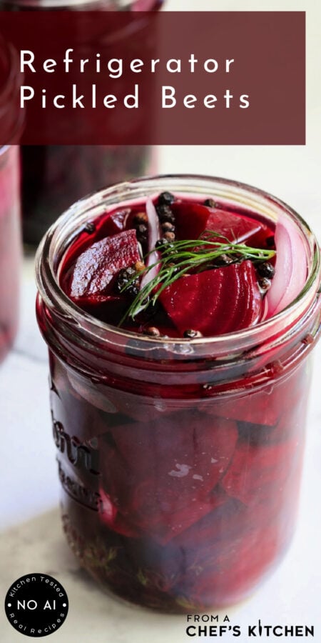 Pinterest graphic for Refrigerator Pickled Beets showing them in a pint-sized jar with fresh dill.