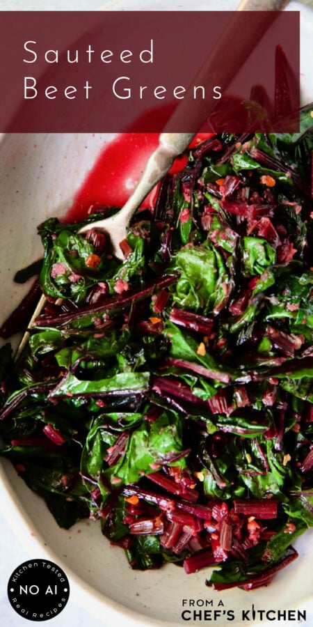 Pinterest graphic for Sauteed Beet Greens showing them in a white oval serving dish with fork.